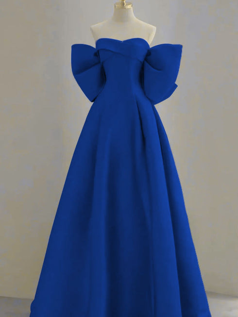 A-line Royal Blue Satin Sweetheart Off Shoulder Party Dress, Royal Blue Satin Prom Dress